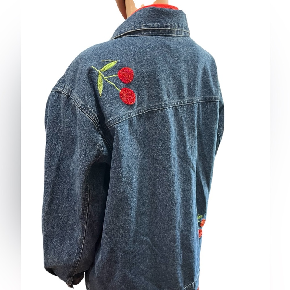 Quacker Factory Blue Denim Jacket with Cherry Embroidery-1X - Picture 4 of 10